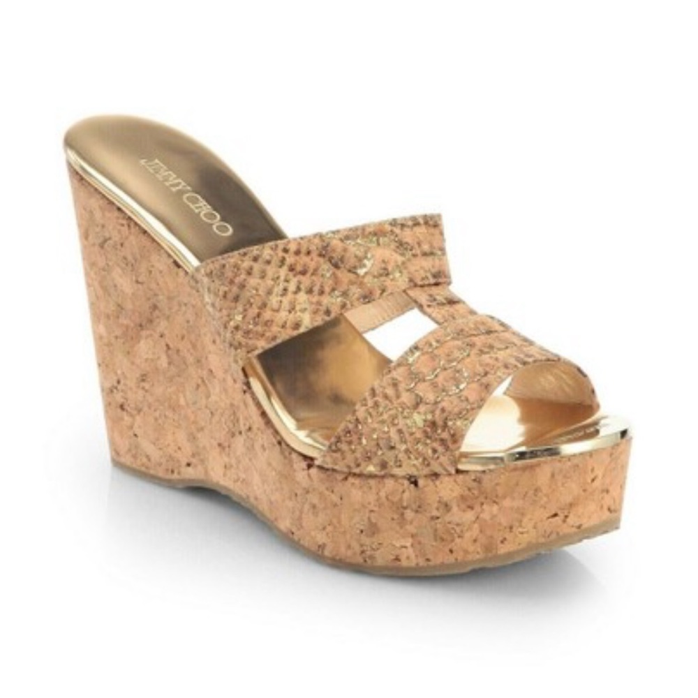 Jimmy Choo Metallic Snakeprint Cork Wedge